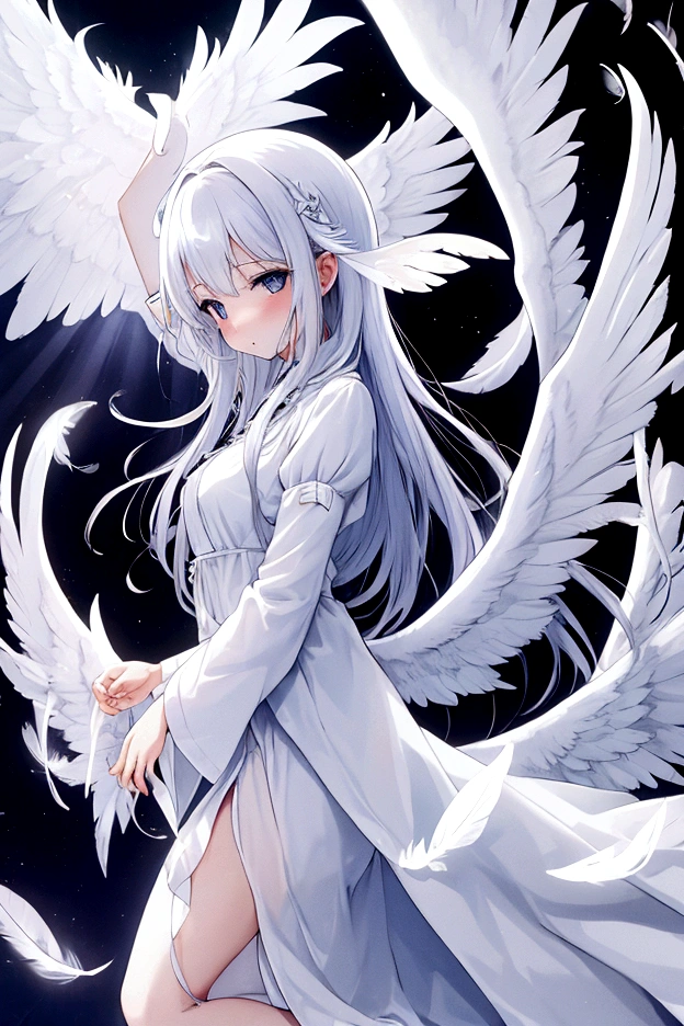 masterpiece, highest quality, highest resolution, clear_image, detailed details, White hair, long hair, cat ears, 1 girl, red eyes, white hoodie, gray futuristic halo (gray halo over the head), white wings (6 wings), cute, full body, no water marks, snow, city