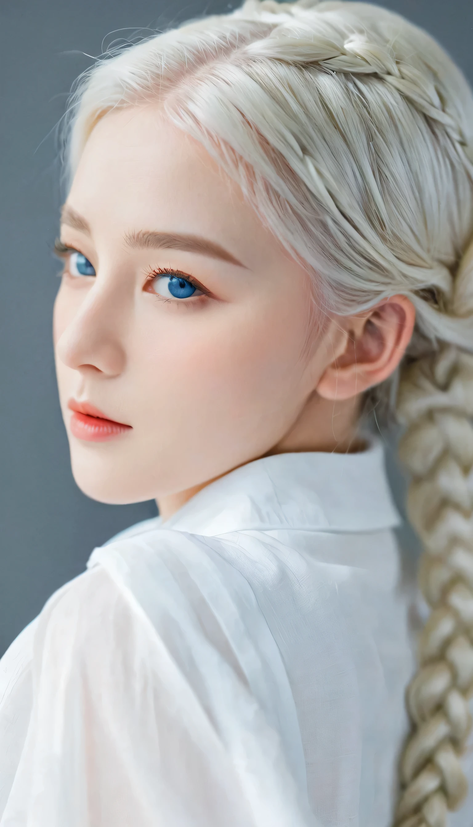Excellent, masterpiece, white hair, blue eyes, White clothes, Upper Body, hair, White skin, Side Braid, best quality