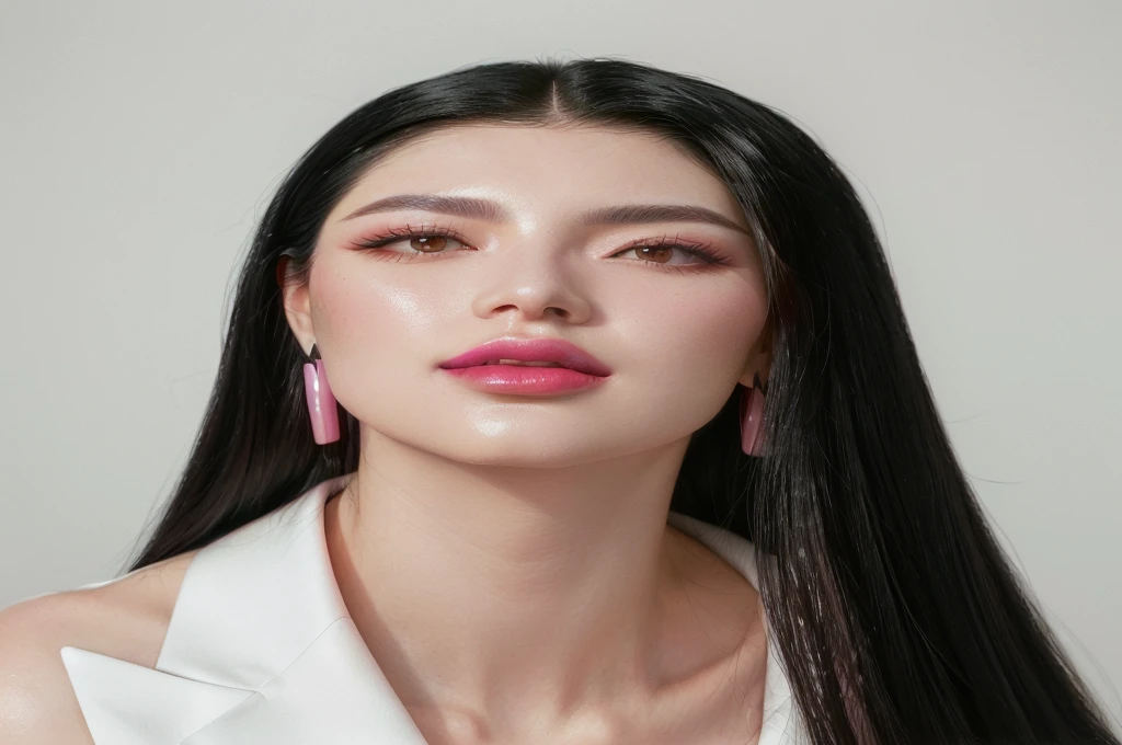 arafed woman with long black hair and bright pink lipstick, pink lips, beauty retouch, pink lipstick, hyper realistic color photo, slicked black hair, hyper realistic style, inspired by Russell Dongjun Lu, delicate pale pink lips, thin light pink lips, perfect face model, light pink lipstick, accentuated feminine features, soft portrait shot 8 k