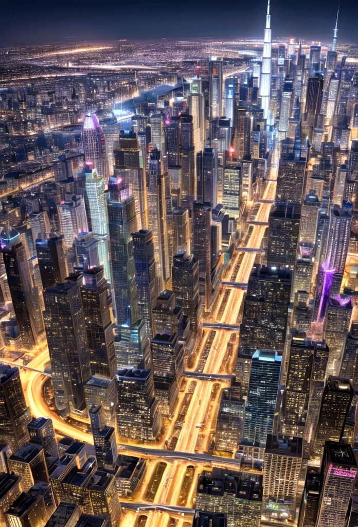 Generate an image of a futuristic city that blends the architectural styles and iconic elements of Dubai, Manhattan, and Tokyo. The cityscape should feature a mix of towering skyscrapers with the sleek, modern design of Dubai, the dense, grid-like structure of Manhattan, and the vibrant, neon-lit streets of Tokyo. Incorporate key elements such as Dubai's futuristic buildings and waterfront, Manhattan's iconic skyline and Central Park, and Tokyo's bustling Shibuya Crossing and traditional temples. The city should exude a cosmopolitan and energetic atmosphere, seamlessly integrating the distinct characteristics of these three cities into a cohesive urban environment.