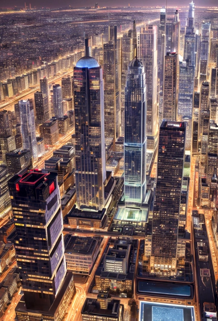 Generate an image of a futuristic city that blends the architectural styles and iconic elements of Dubai, Manhattan, and Tokyo. The cityscape should feature a mix of towering skyscrapers with the sleek, modern design of Dubai, the dense, grid-like structure of Manhattan, and the vibrant, neon-lit streets of Tokyo. Incorporate key elements such as Dubai's futuristic buildings and waterfront, Manhattan's iconic skyline and Central Park, and Tokyo's bustling Shibuya Crossing and traditional temples. The city should exude a cosmopolitan and energetic atmosphere, seamlessly integrating the distinct characteristics of these three cities into a cohesive urban environment.