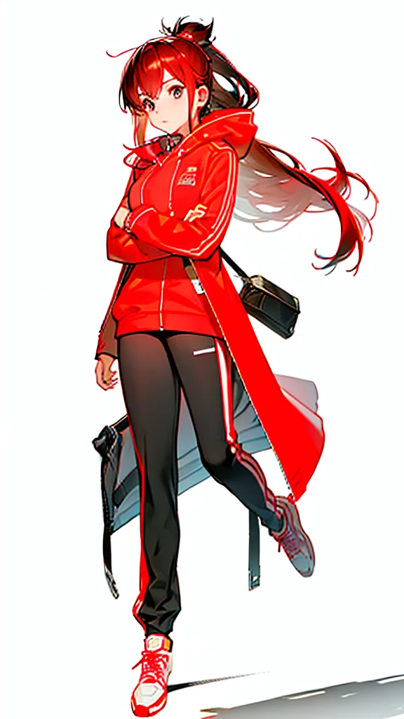 highest quality、masterpiece、Girl、Red coat、hooded sport coat、whole body,black pants、sports shoes、game portrait