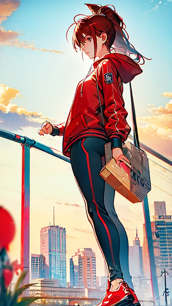 highest quality、masterpiece、Girl、Red coat、hooded sport coat、whole body，black pants、sports shoes、game portrait