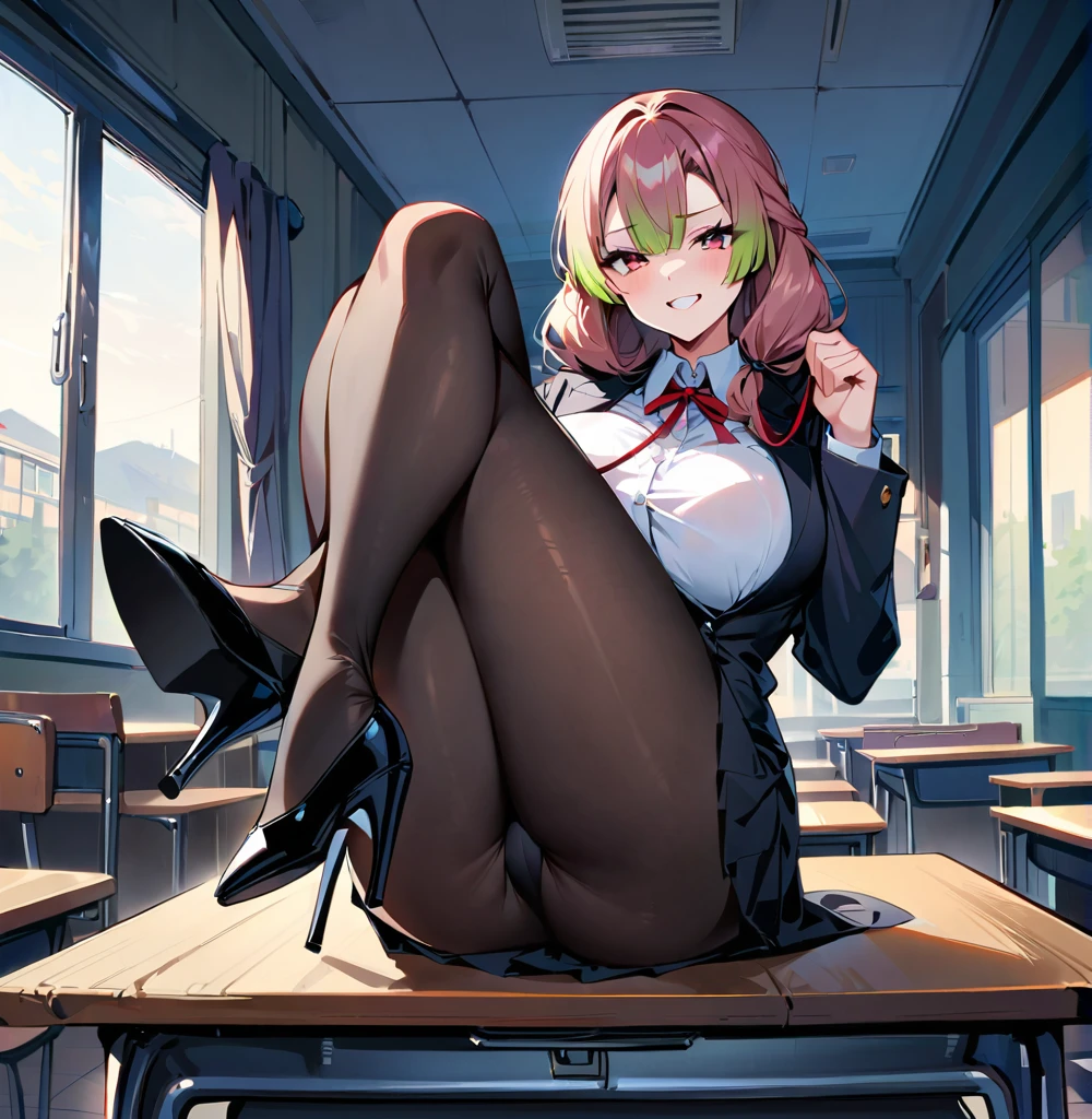 Mitsuri kanroji,sitting on desk, sitting on desk,fullbody,crossed legs, large breasts,hold leash in hand, looking at viewer,mockng view,high res,high quality, masterpiece ,black tight black skirt, white shirt, black jacket,black heels, black stockings , classroom,sfw,hold keash in hand, cold look, dominating look,evil look,evil smile,look from bwlow, acting like mistress