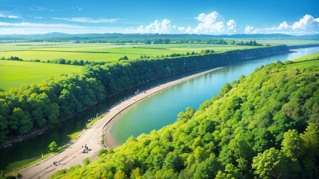 10 girls、Riverbank、countryside、sunny、Peaceful scenery