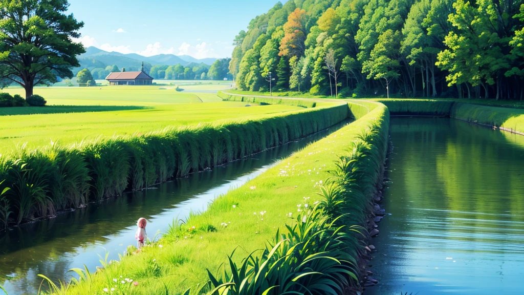 10 girls、Riverbank、countryside、sunny、Peaceful scenery