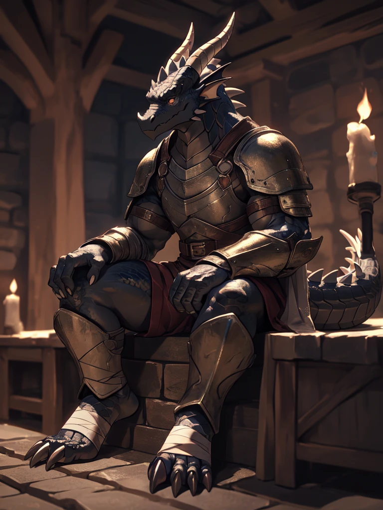 solo, kemono, (dragon), anthro, female, ((black body)), scales, tail, muscles, medium breasts, handsome, armor, medieval, sitting, toe claws, leather sandals,epic, depth of field, perfect lighting,(best quality),(masterpiece),(ultra detailed)