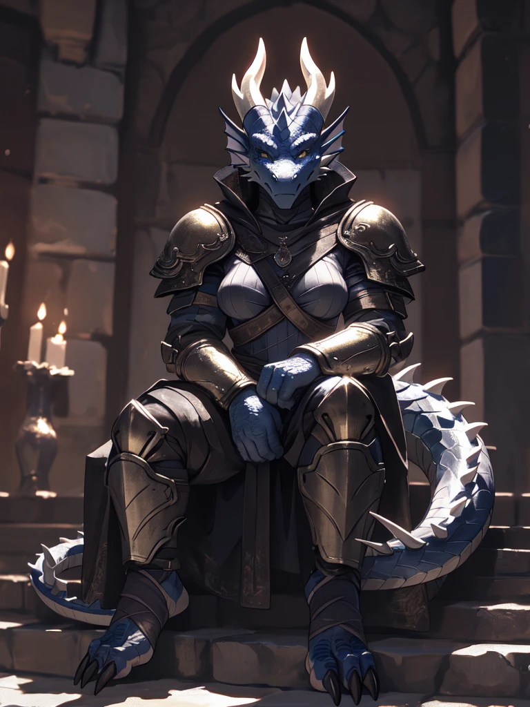 solo, kemono, (dragon), anthro, female, ((black body)), scales, tail, muscles, medium breasts, handsome, armor, medieval, sitting, toe claws, bandaged feet, depth of field, perfect lighting,(best quality),(masterpiece),(ultra detailed)