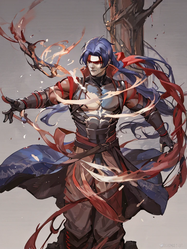 "Create a highly detailed digital painting of Kenshi from Mortal Kombat. Kenshi is standing in a dynamic fighting pose, his red headband flowing in the wind. His iconic katana is unsheathed and glowing with a mystical blue energy. The background is a dark, mystical forest with fog and eerie blue lights illuminating the scene. Kenshi's blindfolded eyes and determined expression should reflect his intense focus and warrior spirit."