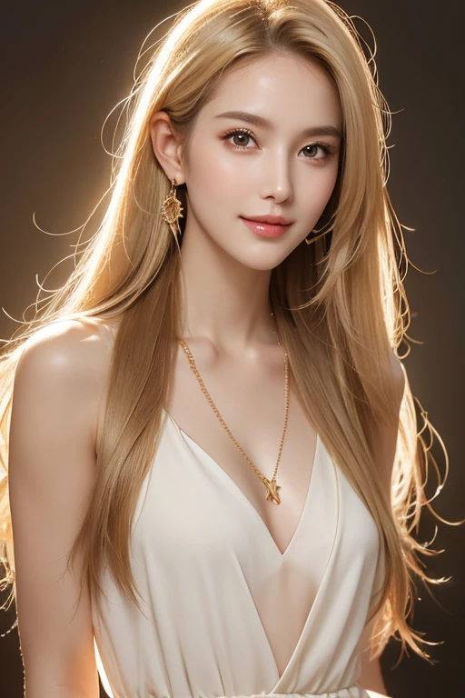 (8K,Highest quality,masterpiece,Realistic,Ultra-high resolution),One adult woman,Beautiful body,(Beautiful Face:1.2),long hair,(Straight Hair:1.4),(Blonde Hair),(Golden ratio of the face:1.3),(Deeply carved face:1.2),,nice smile,Beautiful nose,High nose,A beautiful woman,Beautiful model,,glossy,Sheath Dress,necklace,Beautiful legs,From the thigh up,(City at night)