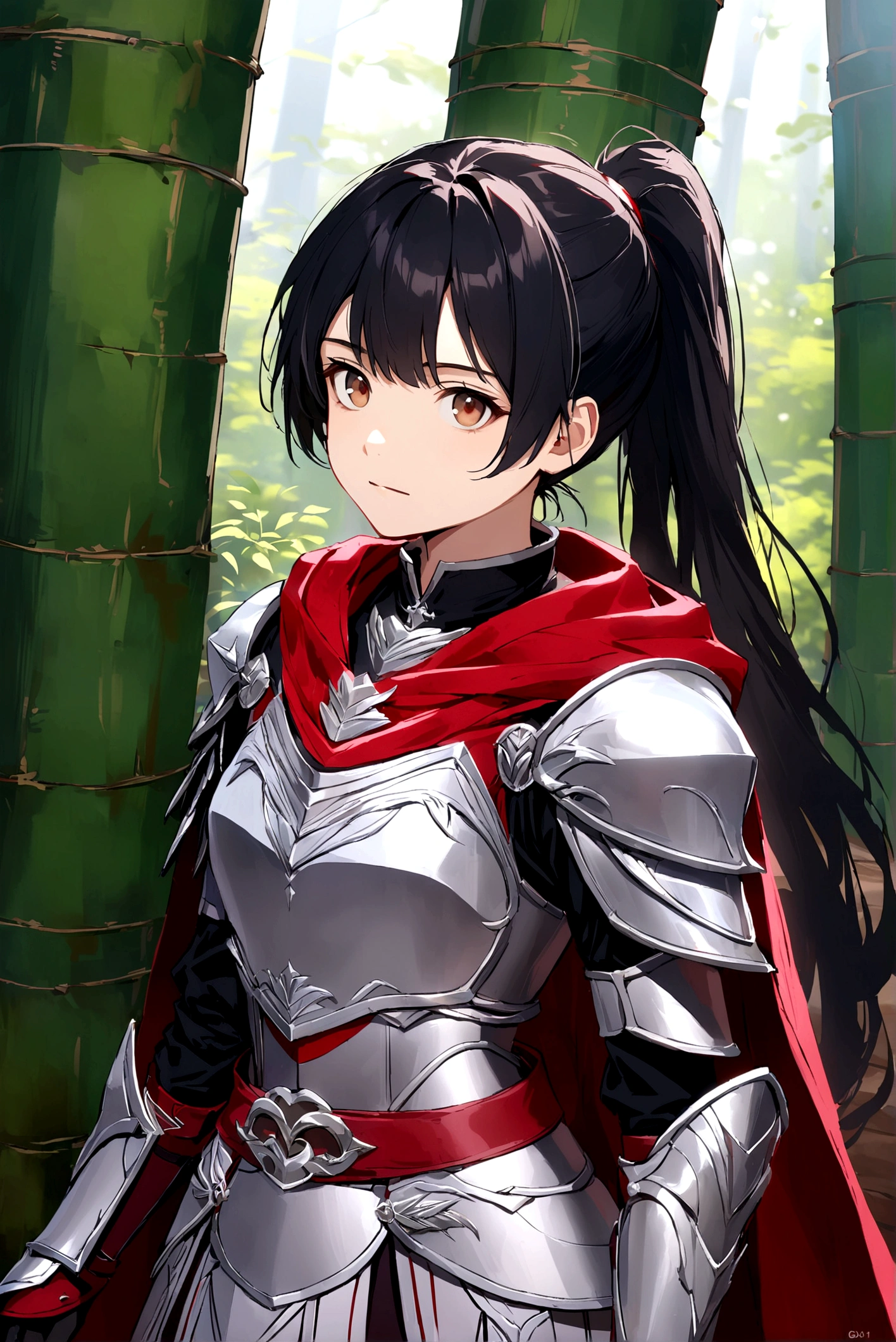 1 Girl, Solitary, Long hair, Looking at the audience, Black Hair, Brown eyes, permanent, Ponytail, outdoor, cape, armor, shoulder armor, Breastplate, Practical, red cape,