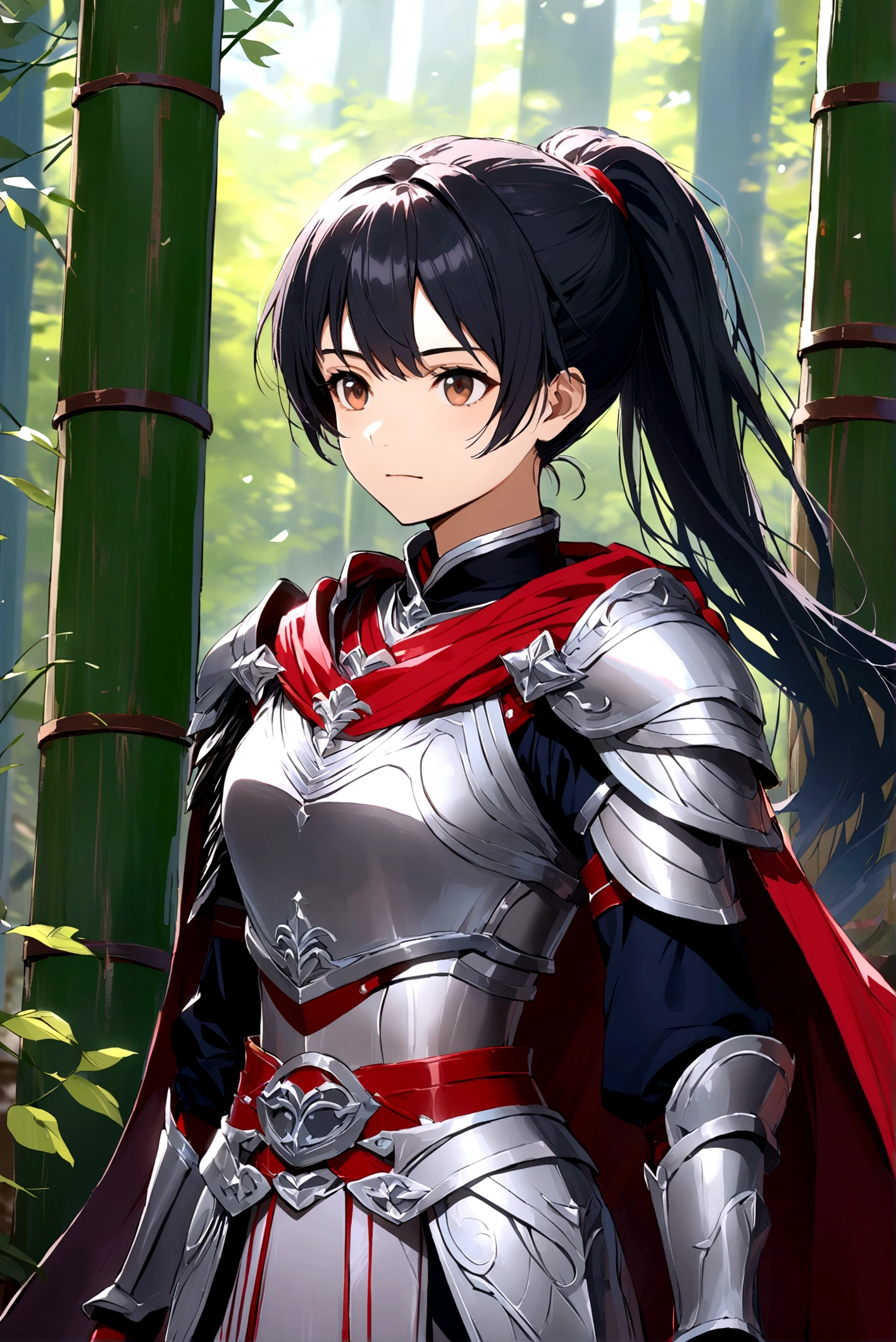 1 Girl, Solitary, Long hair, Looking at the audience, Black Hair, Brown eyes, permanent, Ponytail, outdoor, cape, armor, shoulder armor, Breastplate, Practical, red cape,