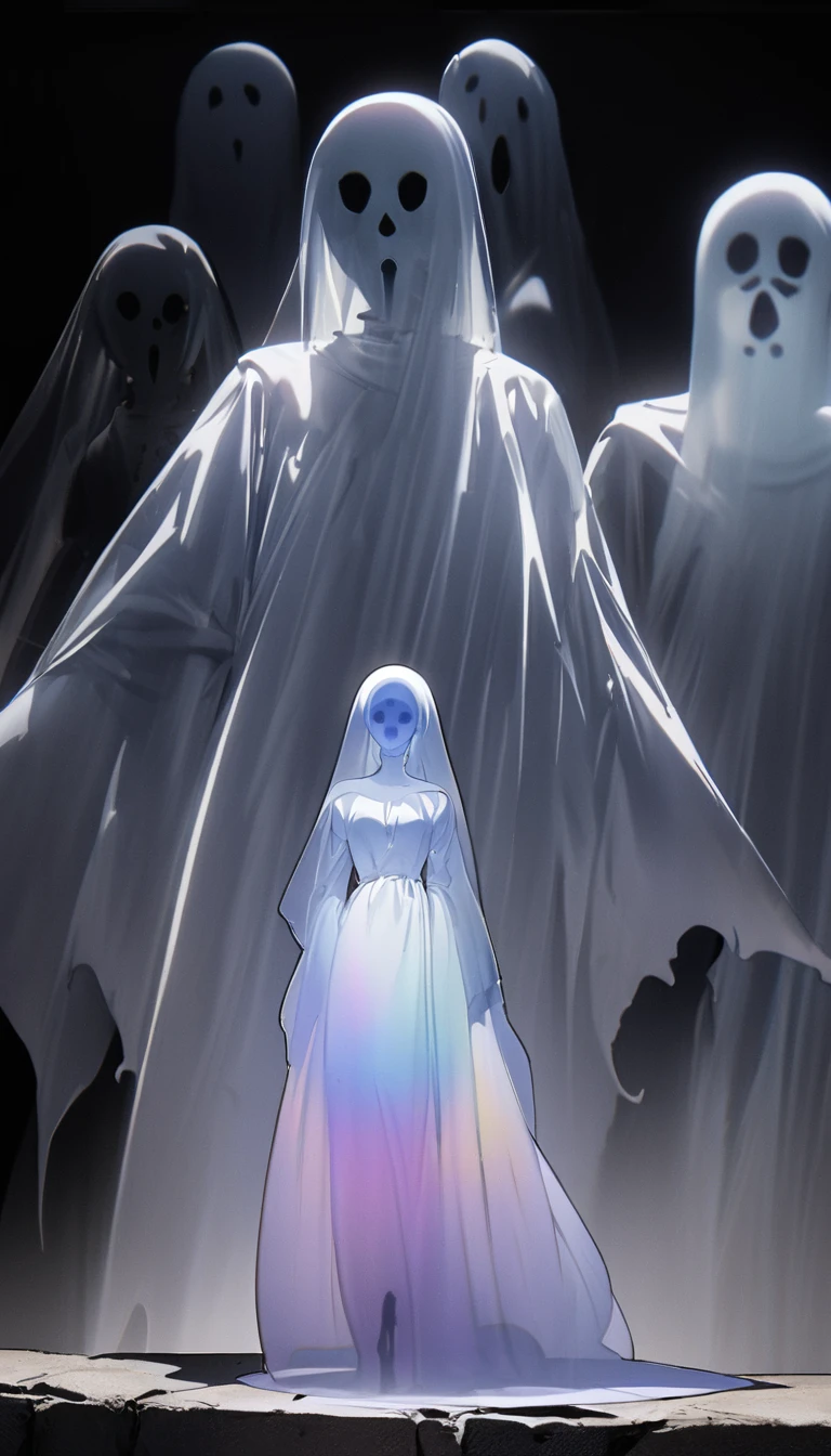 male knight ghostly form, ghostly figure, shrouded figure, shadowy and eerie character, eerie person, eerie person silhouette, ghostly ghost, floating ghost, nick knight, distant full body view, mysterious figure, iridescent ghostly, zoomed out full body, transparent ghost screaming, facing front, medieval, black