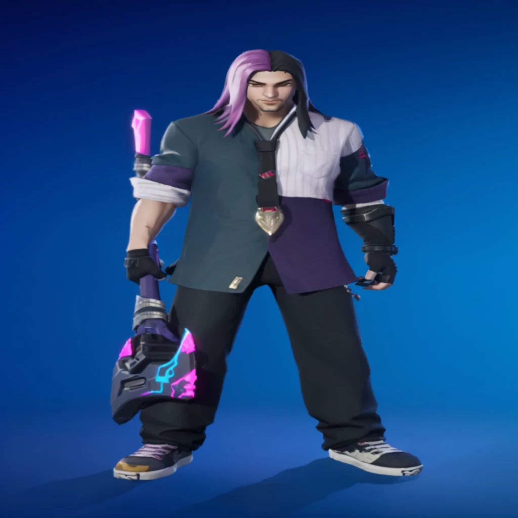 arafed male in a purple shirt and black pants holding a pink sword, tane skin, lunar themed attire, single character full body, fuchsia skin, mechanic punk outfit, fortnite character, full body shot hyperdetailed, sharp silver armor fuchsia skin, full body single character, as a fortnite character, detailed full body concept, fuschia skin, new character