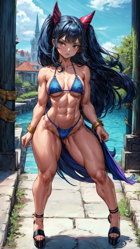1 girl, {{{aawendy, wide, two stories, hair ornament, small blue bikini, (blue bikini), bracelet, bracelet, small breasts}}}, beautiful girl, {{{standing or standing full body image}}}, {{{Wear black high heels}}}, poses her beautiful black heels standing {{{is stopped}}}, {{{muscular abs}}}, {{muscular belly}}}, está en una beautiful room, (beautiful room), (((Best Quality))), (((8k quality))), (((ultra best definition))), ((better face definition))), (((Perfect face))), (Perfect face:1.1), (sharp focus:1.1), trend on Artstation, intricate, high detail, sharp focus, (((arms, hands, legs, pies, Perfect face))), (((perfect body))), (((correct features))),(((best anatomy))), (((noise removal))), (((perfect and clear face))), (((Masterpiece))).