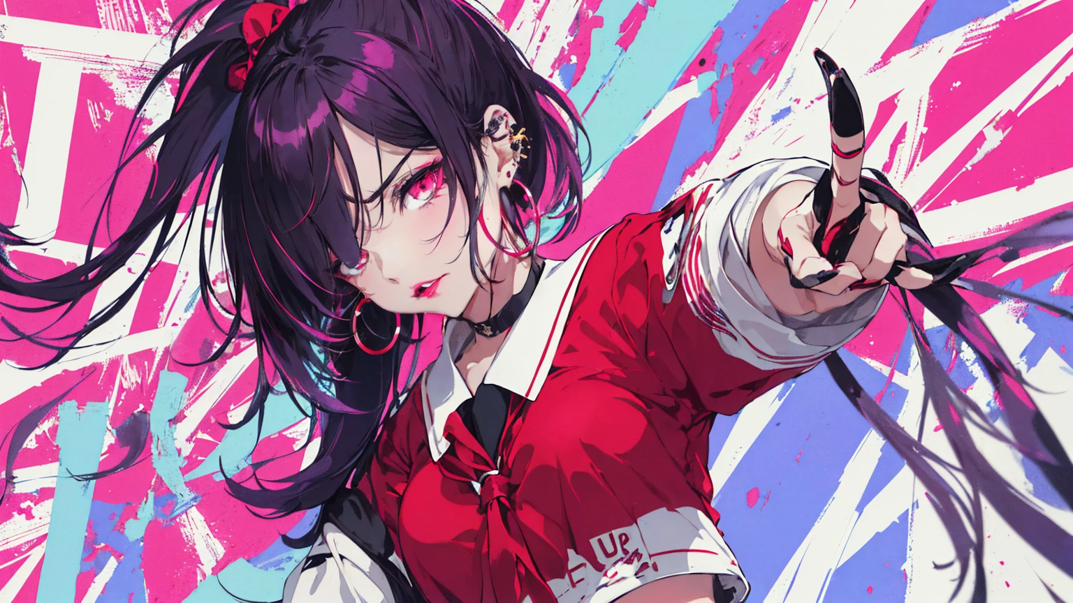 hair above one eye, Purple eyes, Clear Eyes, choker, Neon Shirt, torn legwear, open jacket、Blue pubic hair catches my eye,Bright red background、Red background, graffiti, Shineing grafiti, Shineing tattoos, Shine, Neon Light, Black light,Anime Style, movie portrait photography, 1 female, 22 years ago, Whole Body Ezbian,Big and ample breasts, anger, (Scarlet Hair), Long Hair, Purple eyes, wearing a short black dress, (Natural skin texture vivid details, Surreal, (Realistic eyes, Natural skin texture, Realistic facial details), Soft and dramatic lighting, Written boundary depth, Bokeh, vivid details, Surreal, 35mm movie, Absent-minded, movie,lipstick, ear piercing, eye shadow, Hoop Earrings, red pink lips, multicolored red eyes, Red background,Beautiful Eyes,Bold Pose、Strike a Pose,upper ponytail,drooping bangs,Droopy eyes、((school uniform))、high school girl