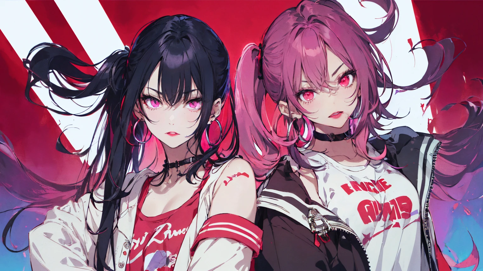 hair above one eye, Purple eyes, Clear Eyes, choker, Neon Shirt, torn legwear, open jacket、Blue pubic hair catches my eye,Bright red background、Red background, graffiti, Shineing grafiti, Shineing tattoos, Shine, Neon Light, Black light,Anime Style, movie portrait photography, 1 female, 22 years ago, Whole Body Ezbian,Big and ample breasts, anger, (Scarlet Hair), Long Hair, Purple eyes, wearing a short black dress, (Natural skin texture vivid details, Surreal, (Realistic eyes, Natural skin texture, Realistic facial details), Soft and dramatic lighting, Written boundary depth, Bokeh, vivid details, Surreal, 35mm movie, Absent-minded, movie,lipstick, ear piercing, eye shadow, Hoop Earrings, red pink lips, multicolored red eyes, Red background,Beautiful Eyes,Bold Pose、Strike a Pose,upper ponytail,drooping bangs,Droopy eyes、((school uniform))、high school girl