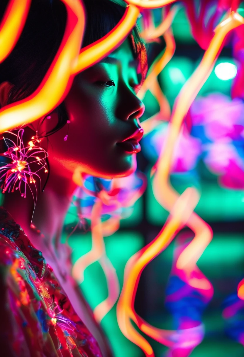 full-length shot a unique photography with light and painting. Using Fluorescent materials to form abstract patterns that are implemented on the one pretty japanese women with dynamic pose and floating hair in glass studio with colorful neon lighting. Firework prticles covering her, Bulb light technic background, Ultra highly detailed, realistic skin, shot by sony a9 with 35m lens f1.2, Realistic Portrait by Arnau Mas