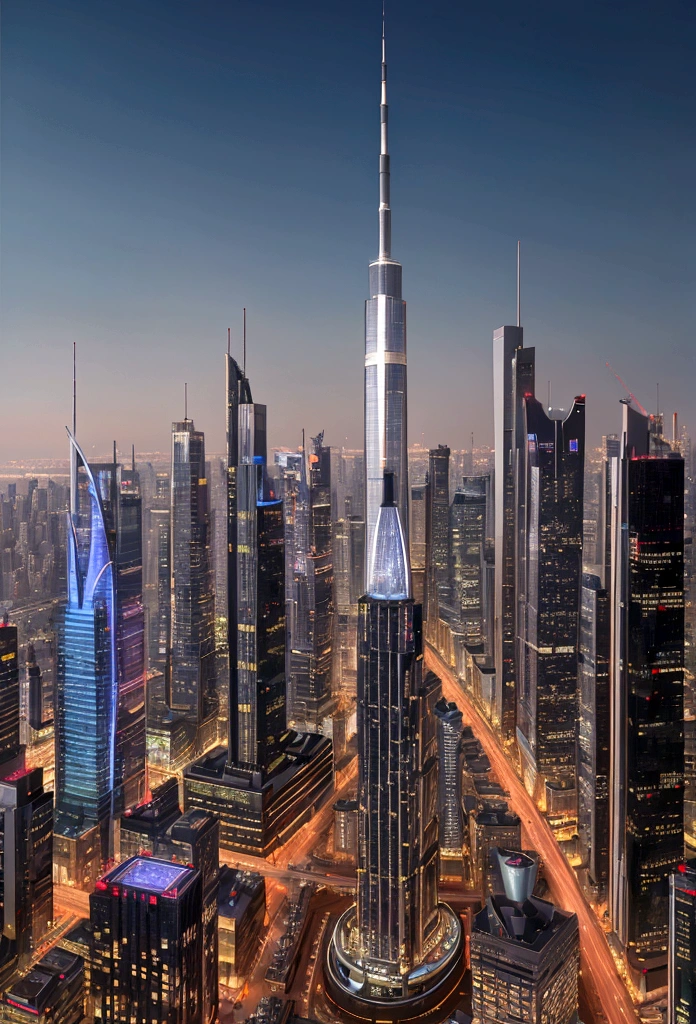 Generate an image of a futuristic city that blends the architectural styles and iconic elements of Dubai, Manhattan, and Tokyo. The cityscape should feature a mix of towering skyscrapers with the sleek, modern design of Dubai, the dense, grid-like structure of Manhattan, and the vibrant, neon-lit streets of Tokyo. Incorporate key elements such as Dubai's futuristic buildings and waterfront, Manhattan's iconic skyline and Central Park, and Tokyo's bustling Shibuya Crossing and traditional temples. The city should exude a cosmopolitan and energetic atmosphere, seamlessly integrating the distinct characteristics of these three cities into a cohesive urban environment.