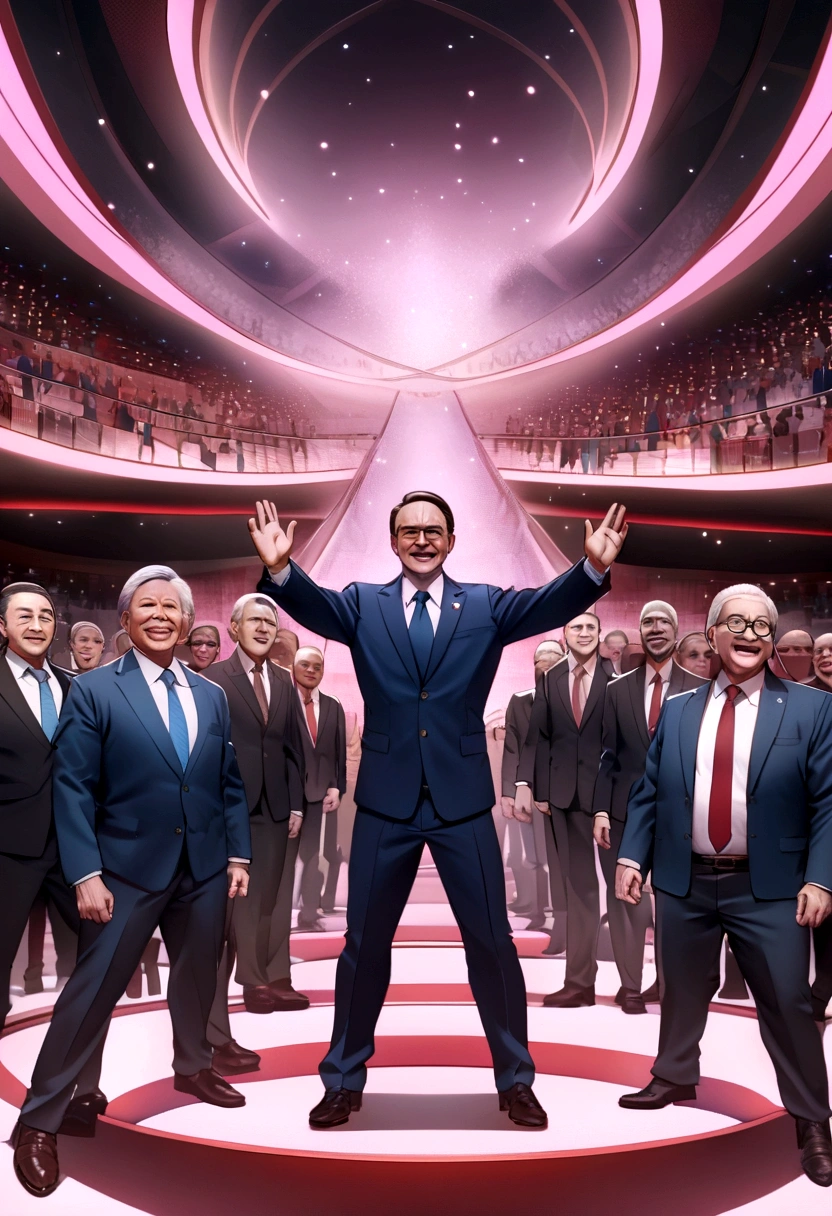 Generate me a AI image of an NDA political party leaders in an animated characters 