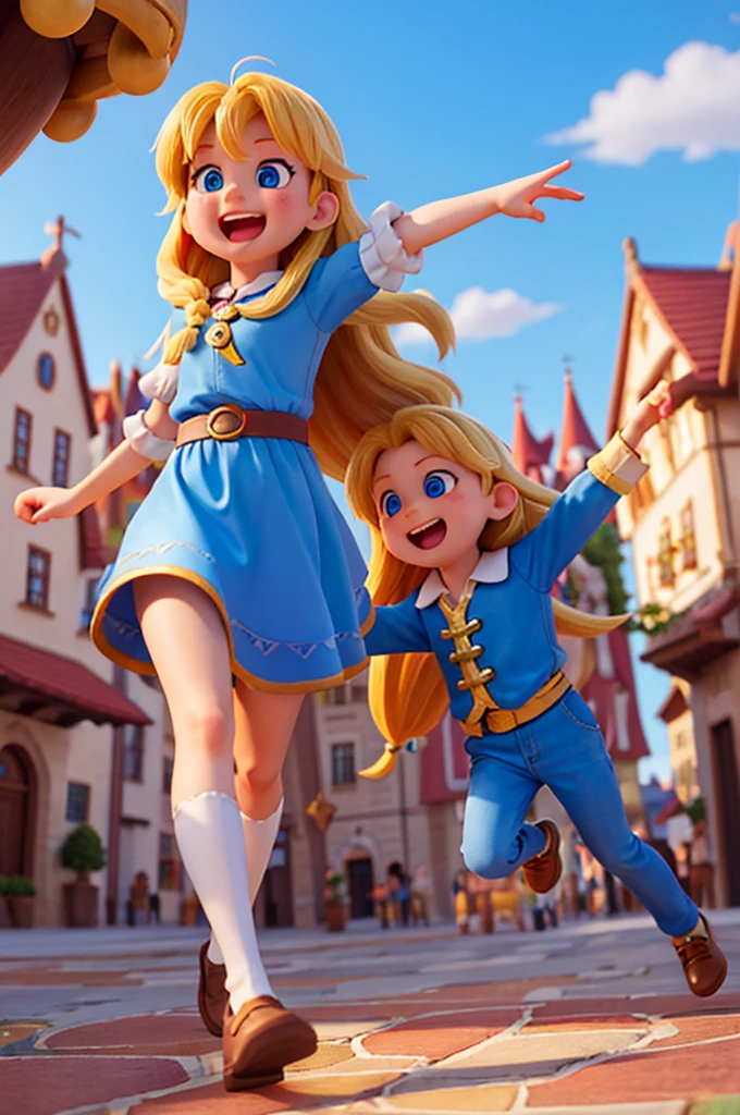 Magical kingdom in the square with all happy people in the center there is a a kid with long golden hair and blue eyes happy, enthusiastic, happy atmosphere