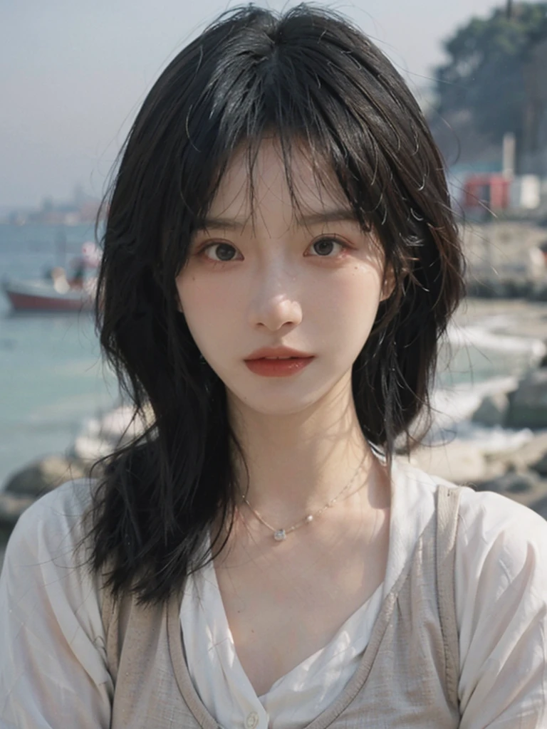 Film Portrait Photography, 1 Girl, Lipstick, （Big breasts：1.2）, Wear a necklace, Cute expression, Exquisite makeup, Vest, serene, calm, (Realistic and detailed eyes, Natural skin texture, Realistic facial details), Soft dramatic lighting, Vivid details, Detailed and detailed, Surreal, 35 mm film, hazy, outdoor, Seaside background, seaside, Depth of Field, Bokeh
