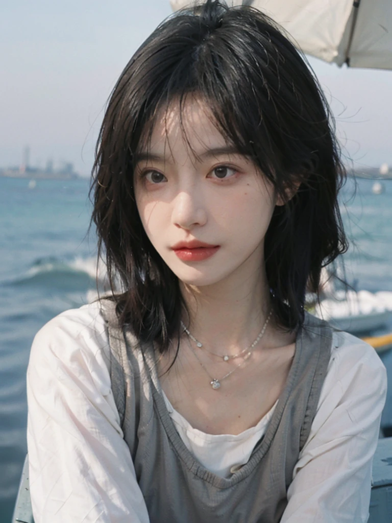 Film Portrait Photography, 1 Girl, Lipstick, (Big breasts:1.2), Wear a necklace, Cute expression, Exquisite makeup, Vest, serene, calm, (Realistic and detailed eyes, Natural skin texture, Realistic facial details), Soft dramatic lighting, Vivid details, Detailed and detailed, Surreal, 35 mm film, hazy, outdoor, Seaside background, seaside, Depth of Field, Bokeh