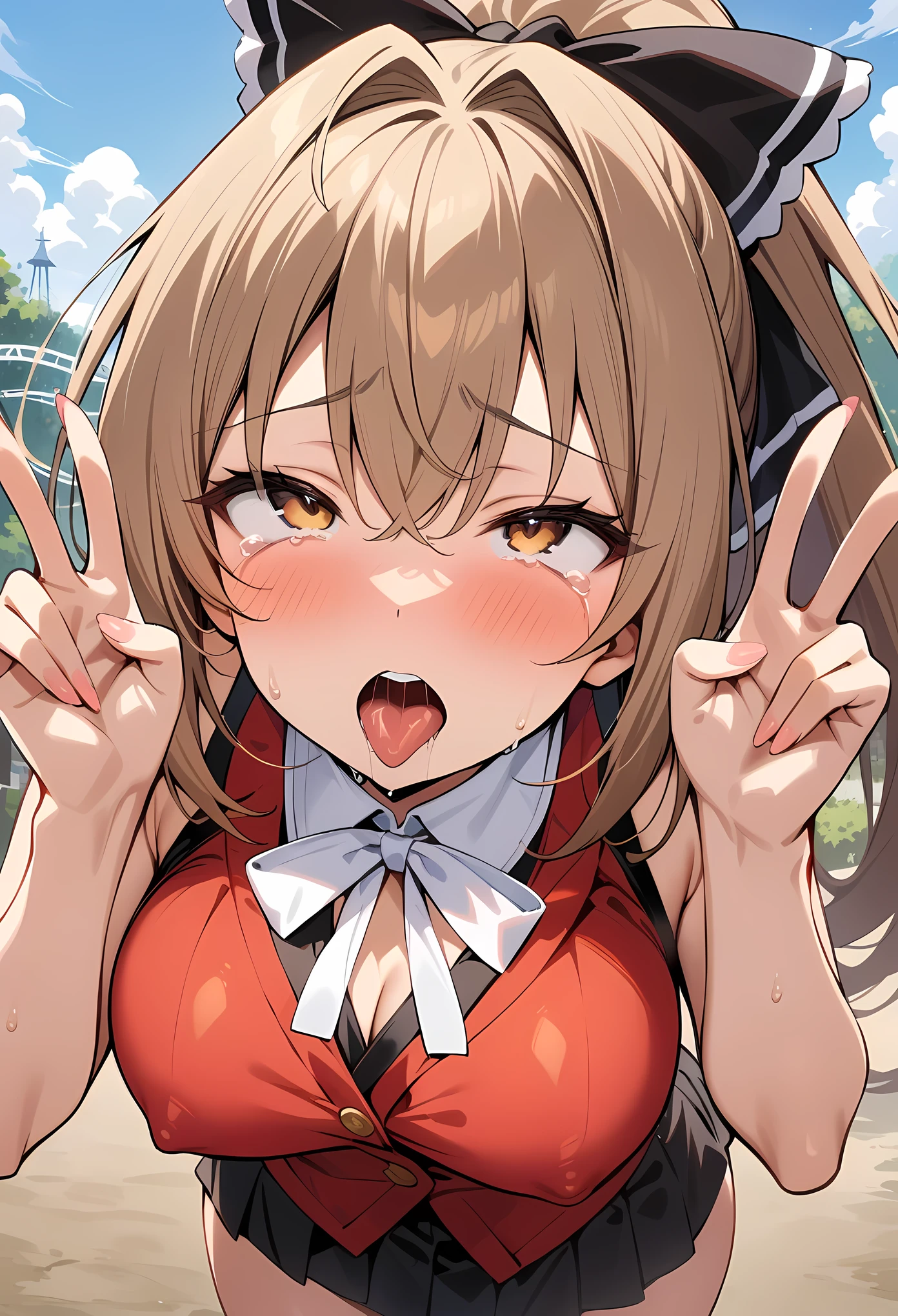 masterpiece, best quality, very aesthetic, absurdres, newest,1girl,(close-up of face:1.2), (covered_nipples), ahegao, tongue_out, rolling_eyes, saliva,double V gesture,tears in eyes,,sento isuzu(amagi brilliant park), yellow eyes, antenna hair, long brown hair, ponytail, hair intakes, medium breasts, hair bow, red vest, sleeveless, bare shoulders, white neck ribbon, black pleated skirt, frilled miniskirt, slim thighs,,in an amusement_park