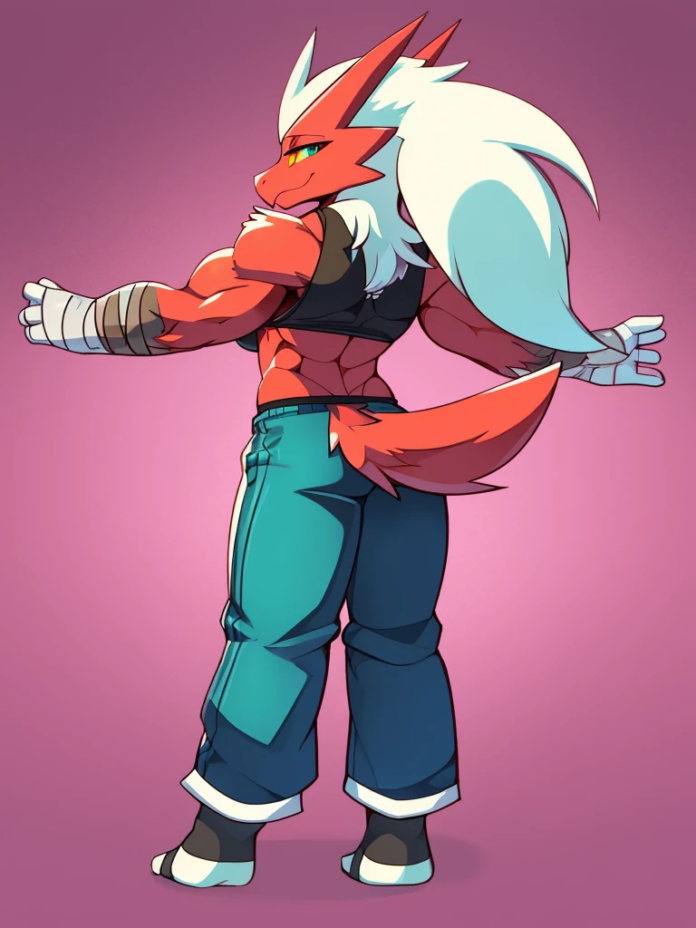 [blaziken], (mayosplash), (wamudraws)], ((masterpiece)), ((HD)), ((solo portrait)), ((back view)), ((furry; anthro)), ((detailed shading)), ((beautiful render art)), ((intricate details)), {anthro; red feathers, red beak,, (long white hair), cute teal eyes, (yellow sclera), (half-closed eyes), (medium boobs), (defined muscles), (beautiful feet), (clothing, topwear: tanktop, bottomwear:(pants:black) bandaged feet)),{(standing), (dynamic pose)}