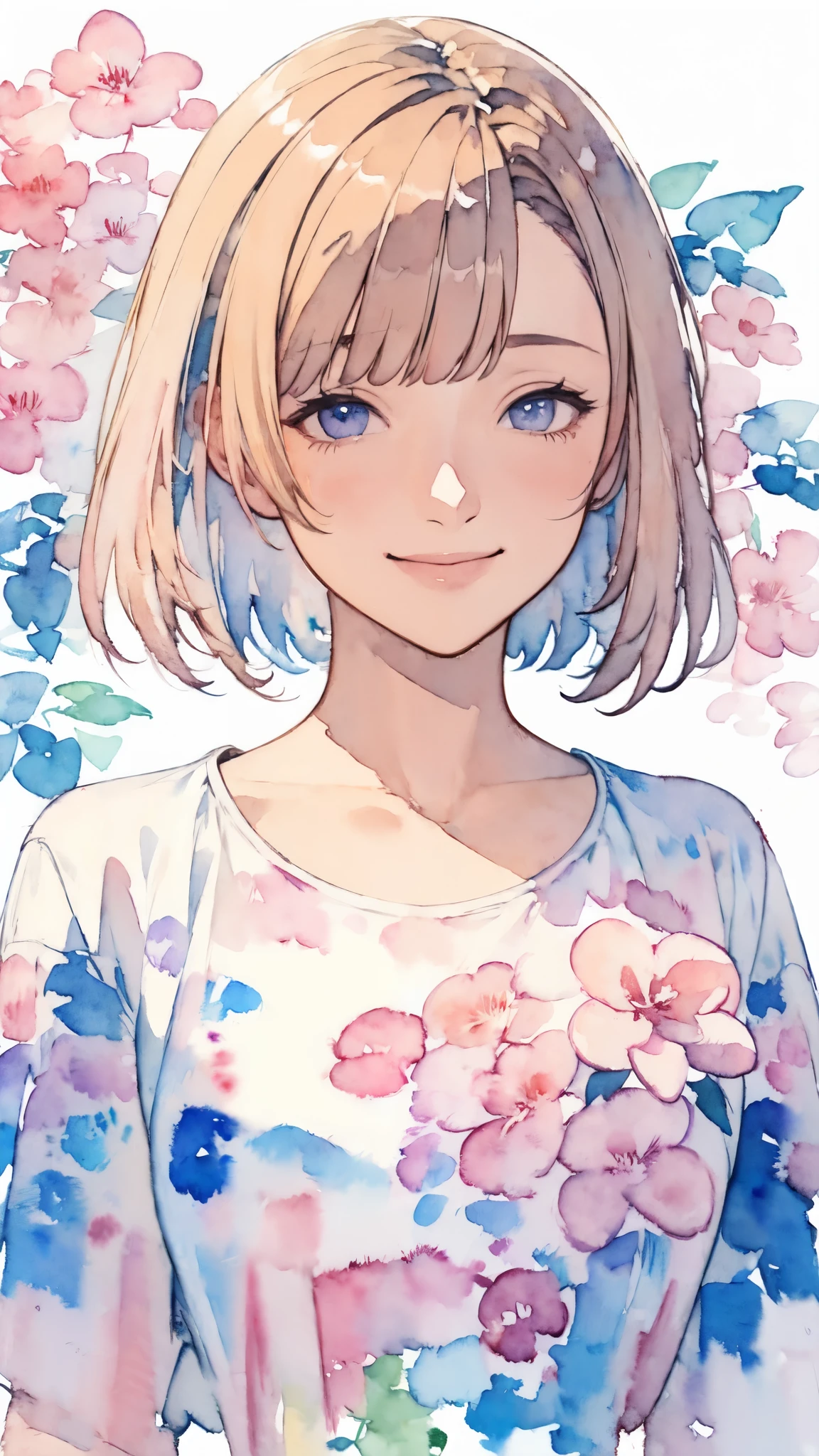 (masterpiece),(Highest quality:1.2),(Very detailed:1.2),(High resolution),(((Watercolor))),8K,Portrait of a woman smiling gently,Short Bob,Transparent watercolor,Imagine spring