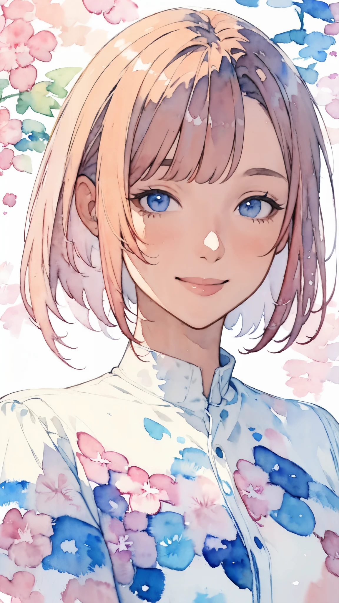 (masterpiece),(Highest quality:1.2),(Very detailed:1.2),(High resolution),(((Watercolor))),8K,Portrait of a woman smiling gently,Short Bob,Transparent watercolor,Imagine spring