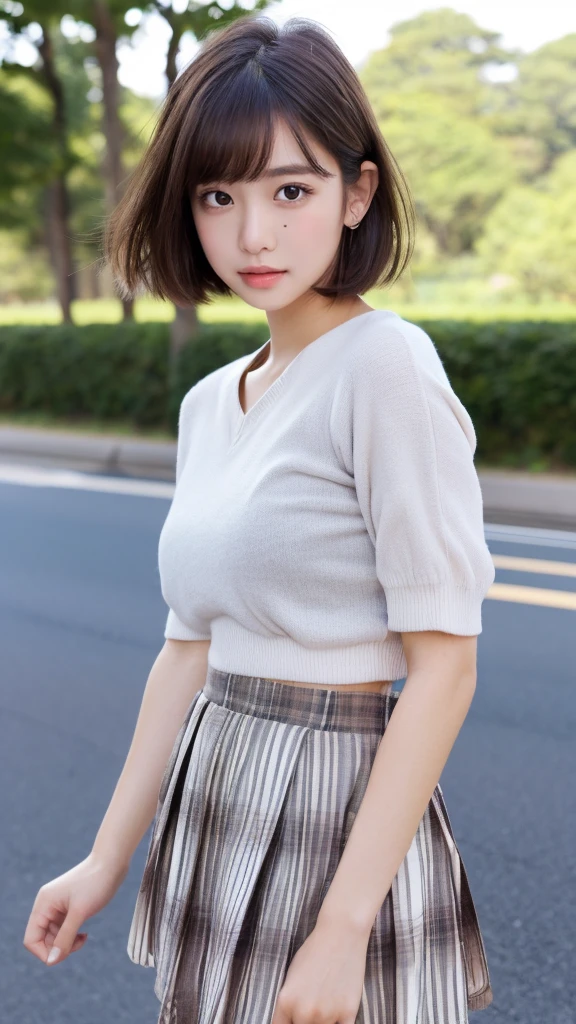 ((perfect anatomy:1.5,realistic:1.3,RAW photo:1.3,masterpiece、highest quality、Ultra - High resolution、High resolution、Detailed CG、8K)),cowboy shot,1 female,alone,dancer,18-year-old、high school girl beautiful girl,Japanese,((beautiful detailed face and eyes:1.2,big and gorgeous eyes:1.2,gray eyes)),dark brown hair,short bob hair,bangs,medium breasts,slender body,small head:1.3,skinny,(oily skin,glowing skin,shiny skin、Sweat),、plaid pleated mini skirt,on the road,Harajuku、Tokyo、