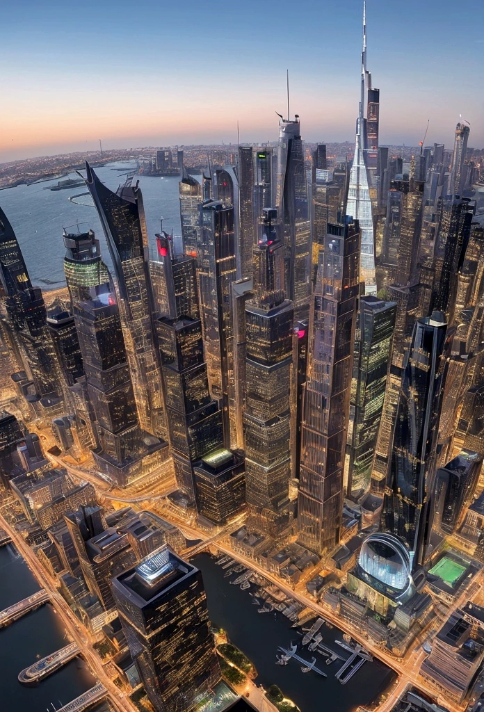 Generate an image of a futuristic city that blends the architectural styles and iconic elements of Dubai, Manhattan, and Tokyo. The cityscape should feature a mix of towering skyscrapers with the sleek, modern design of Dubai, the dense, grid-like structure of Manhattan, and the vibrant, neon-lit streets of Tokyo. Incorporate key elements such as Dubai's futuristic buildings and waterfront, Manhattan's iconic skyline and Central Park, and Tokyo's bustling Shibuya Crossing and traditional temples. The city should exude a cosmopolitan and energetic atmosphere, seamlessly integrating the distinct characteristics of these three cities into a cohesive urban environment.