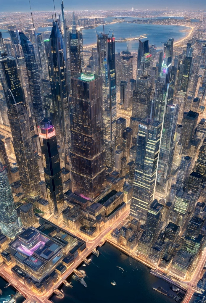 Generate an image of a futuristic city that blends the architectural styles and iconic elements of Dubai, Manhattan, and Tokyo. The cityscape should feature a mix of towering skyscrapers with the sleek, modern design of Dubai, the dense, grid-like structure of Manhattan, and the vibrant, neon-lit streets of Tokyo. Incorporate key elements such as Dubai's futuristic buildings and waterfront, Manhattan's iconic skyline and Central Park, and Tokyo's bustling Shibuya Crossing and traditional temples. The city should exude a cosmopolitan and energetic atmosphere, seamlessly integrating the distinct characteristics of these three cities into a cohesive urban environment.