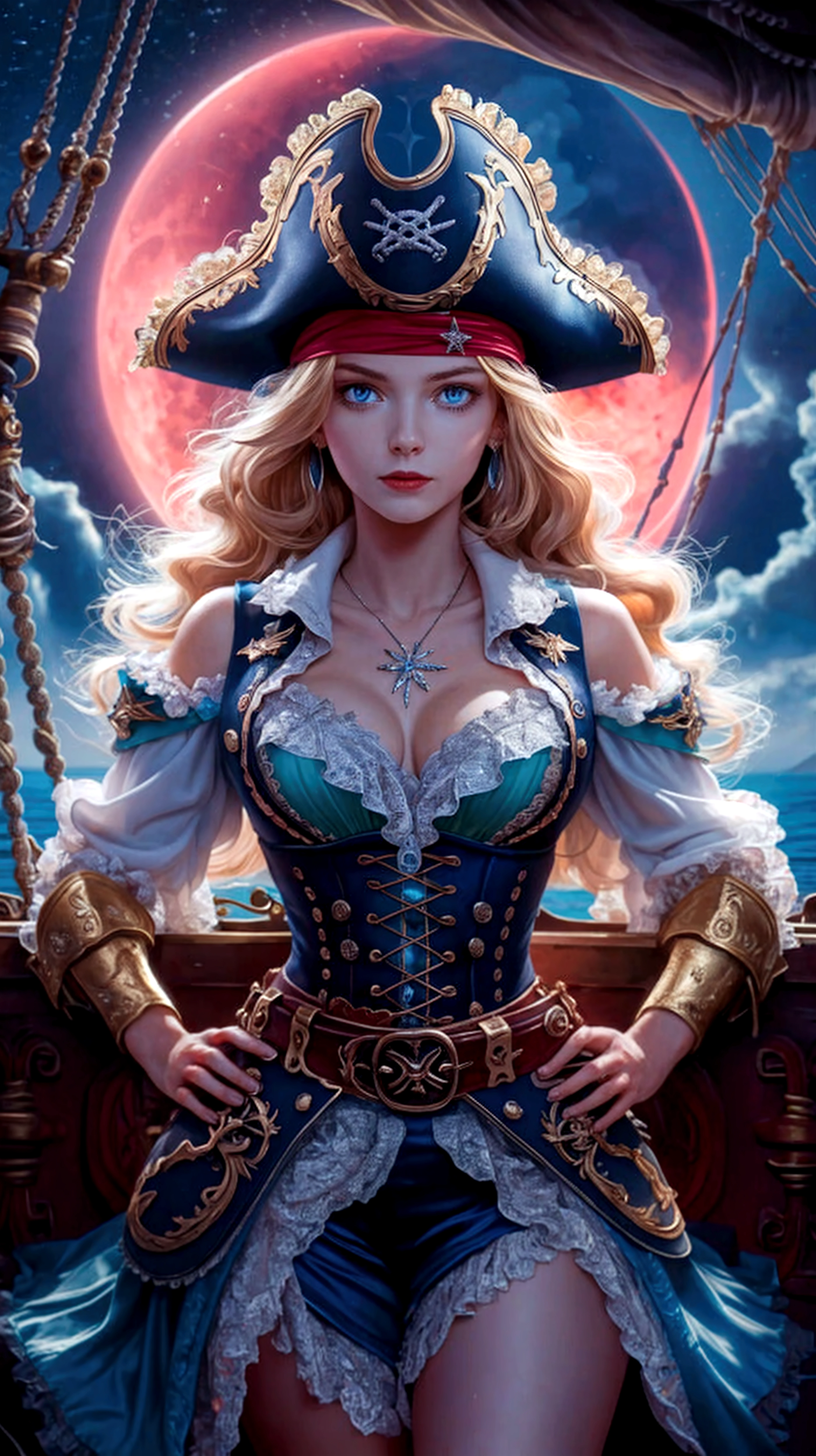 high quality, super realistic, pirate hat, a 20-year-old Pirate Maiden with a celestial beauty rivaling the stars, Picture her poised at the helm of a grand pirate ship, her silhouette defined against the shimmering night sky of a crimson moon, The vessel itself is a maritime masterpiece, adorned with intricate carvings, polished brass embellishments, and an array of mystical symbols, The Scarlet Moonlit Pirate dons a resplendent ensemble blending midnight blues with silvery hues, adorned with delicate lace and glistening gemstones, A star-like pendant gracefully hangs around her neck, emphasizing her bewitching aura, by yukisakura, high detailed --auto --s2