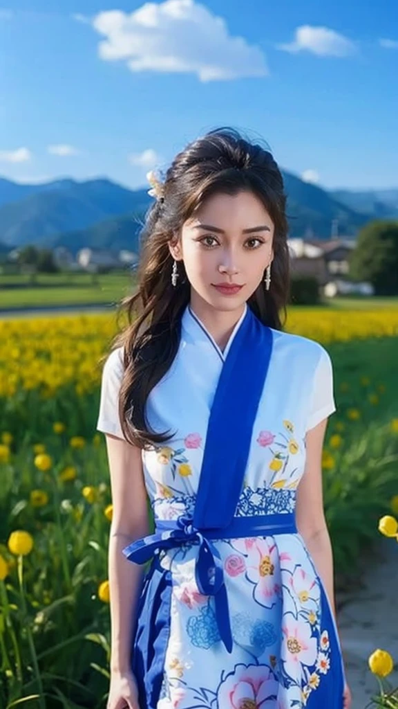 Arad woman in a floral dress standing in the field, gorgeous chinese models, Chinese girl, xintong chen, shaxi, xue han, dilraba dilmurat, full-body xianxia, wenfei ye, beautiful Korean women, With long hair, gongbi, Chinese woman, lei min, Lu Ji, She has a cute face,with blue sky and white clouds
