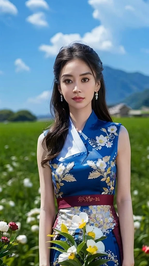 Arad woman in a floral dress standing in the field, gorgeous chinese models, Chinese girl, xintong chen, shaxi, xue han, dilraba dilmurat, full-body xianxia, wenfei ye, beautiful Korean women, With long hair, gongbi, Chinese woman, lei min, Lu Ji, She has a cute face,with blue sky and white clouds