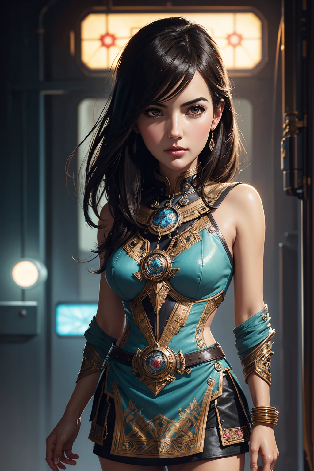 Mia Khalifa, Highly detailed RAW color Photo, beautiful girl, dynamic pose, (wide hips), (detailed skin), (detailed lips), (detailed eyes), (cosmic:1.4), (necropolis:1.1), (Sci-Fi setting) (detailed face), (curvy), detailed eyes, chromatic aberration, depth of field, soft lighting, masterpiece, best quality, intricate, (lens flare:0.7), (bloom:0.7), particle effects, raytracing, tone mapped, highly detailed, concept art, smooth, sharp focus, dramatic lighting, highly detailed artwork, cinematic, hyper realistic painting, trending on Artstation, 8K, incredible shadows, realistic, (highly detailed background:1.2), art by midjourney