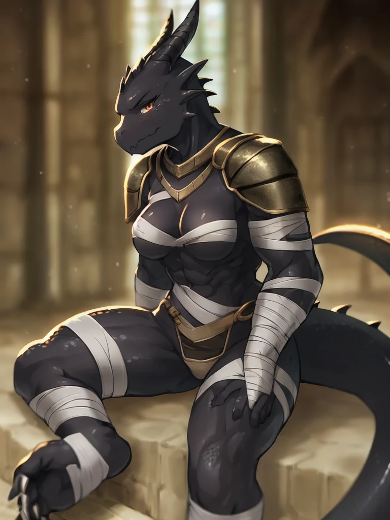 solo, kemono, (dragon), anthro, female, ((black body)), scales, tail, muscles, medium breasts, handsome, armor, medieval, sitting, toe claws, bandaged feet, depth of field, perfect lighting,(best quality),(masterpiece),(ultra detailed)