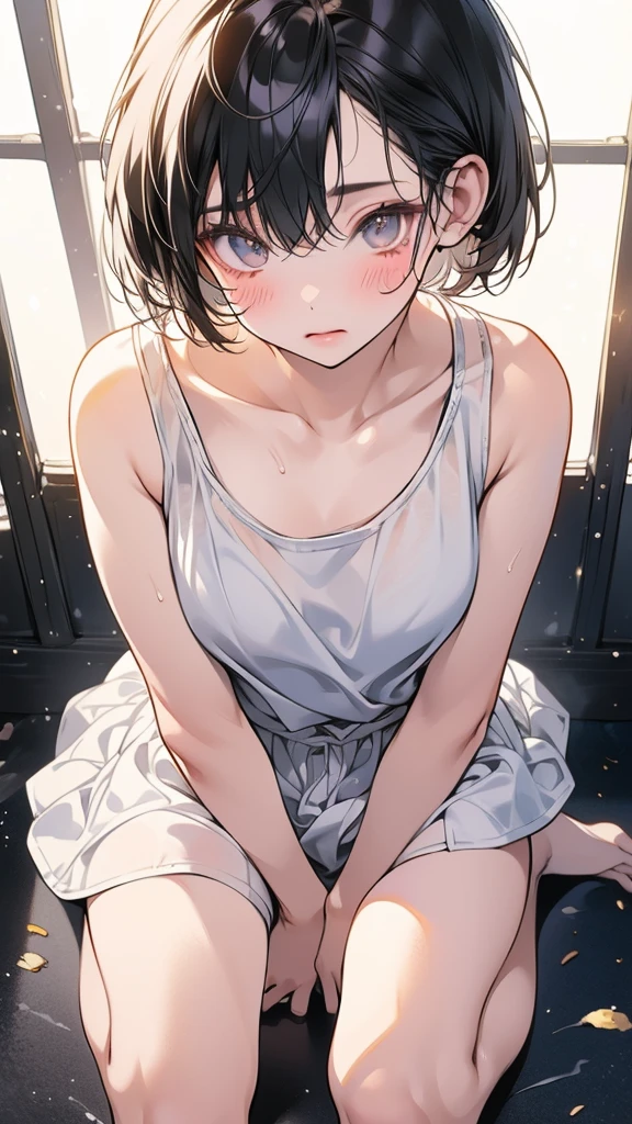 nsfw,masterpiece,8K,high school girl、cute、Bobcut、Light clothing、Short white tank top、sports、Sweaty、cute、Plain underwear、Squat、Leg spread、blush、