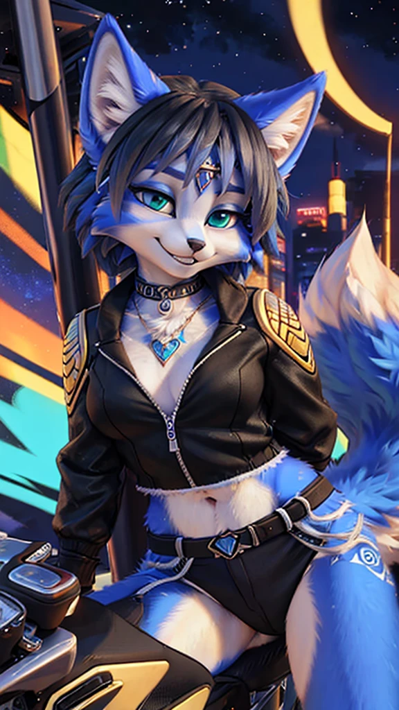 A beautiful and detailed (sweet portrait) wa ((Krystal)), Star Fox Krystal, sslim, lovable, green eyes, medium breasts, (((Long blue hair 1.3))),  ((black hair tips)), Decollete, grin, look up,, anthro, furry, Uploaded E621, detailed fluffy fur, (wa Fluff-Kevlar, Bayard Wu, Personalami, Pino Daeni), detailed face, (fluffy), 1 girl, alone, sweet girl, lederjacke, fährt motorrad, chopper, lederkombi
