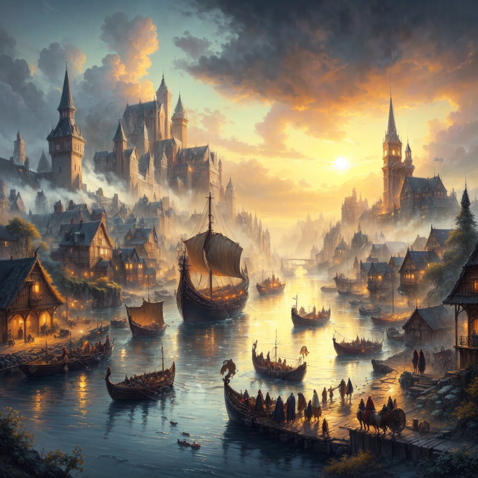 a painting of a fantasy city with a river and boats, viking city, medieval city, medieval fantasy art, bussiere rutkowski andreas rocha, by Johfra Bosschart, medieval fantasy game art, beautiful art uhd 4 k, medieval city background, epic fantasy artwork, medieval fantasy landscape, 4k fantasy art, 8k fantasy art