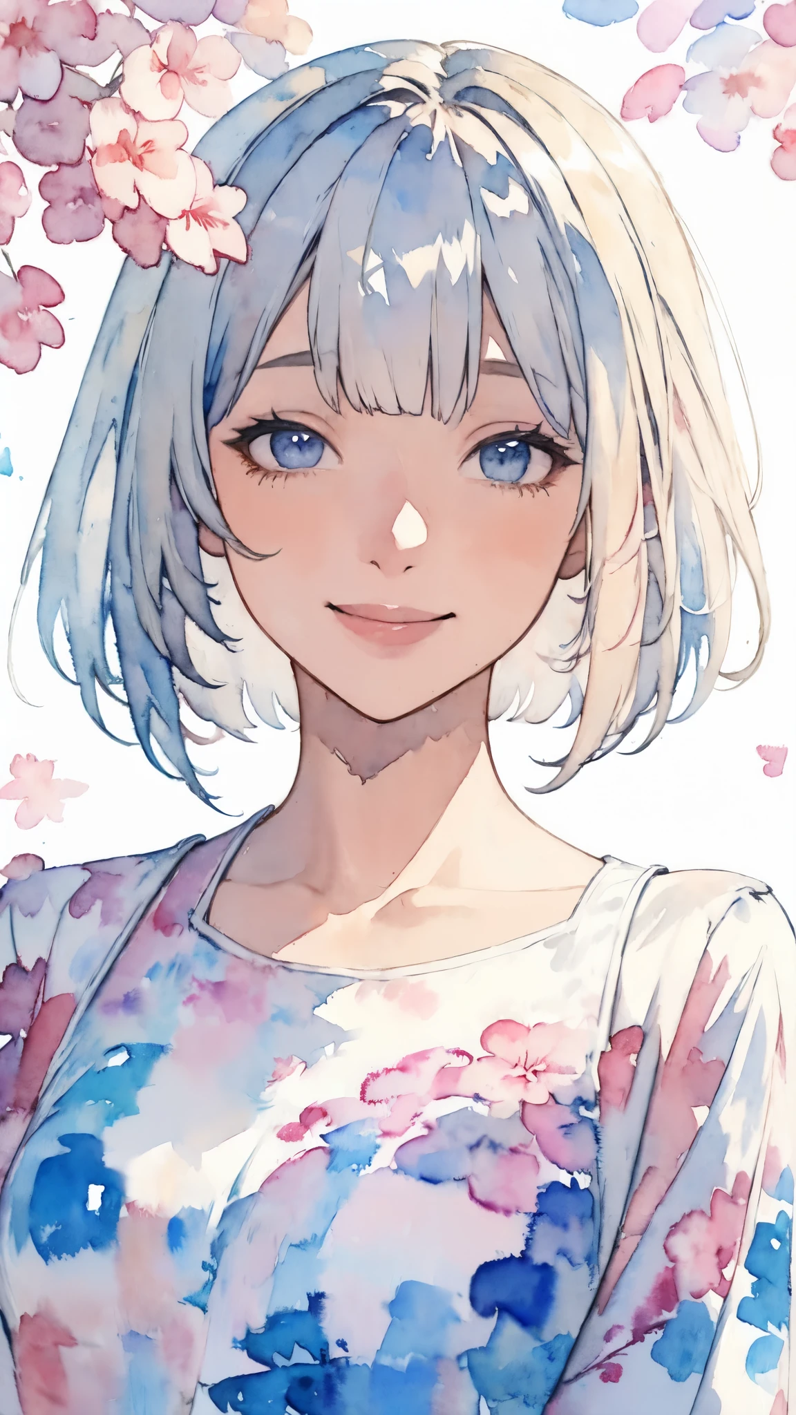 (masterpiece),(Highest quality:1.2),(Very detailed:1.2),(High resolution),(((Watercolor))),8K,Portrait of a woman smiling gently,Short Bob,Transparent watercolor,Summer image