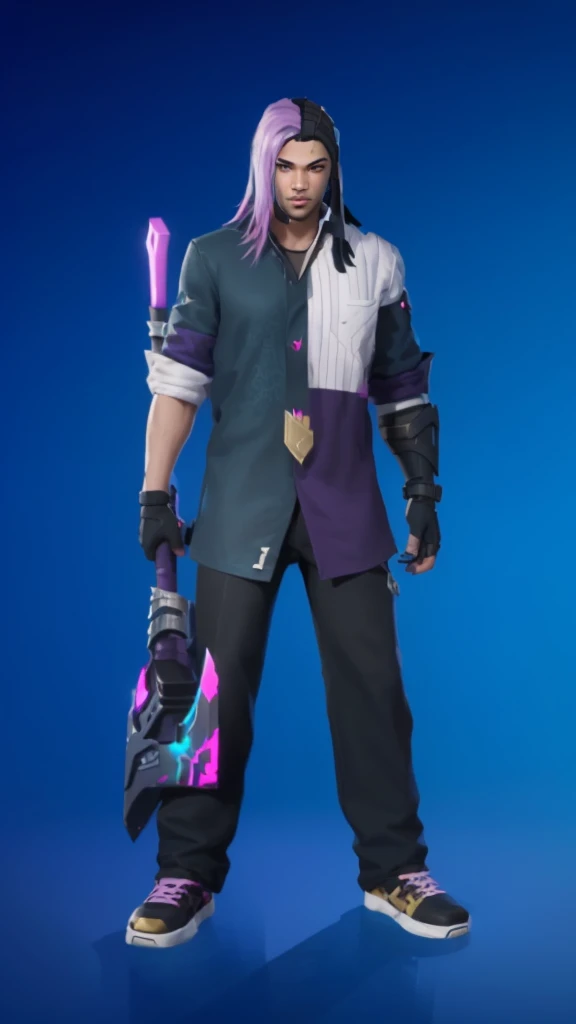 arafed male in a purple shirt and black pants holding a pink sword, tane skin, lunar themed attire, single character full body, fuchsia skin, mechanic punk outfit, fortnite character, full body shot hyperdetailed, sharp silver armor fuchsia skin, full body single character, as a fortnite character, detailed full body concept, fuschia skin, new character