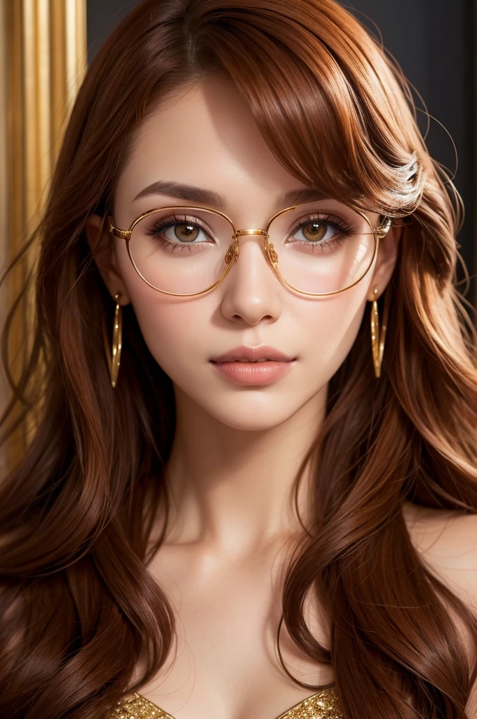 beautiful woman, detailed face, Reddish brown curly hair, glasses, striking makeup, gold jewelry