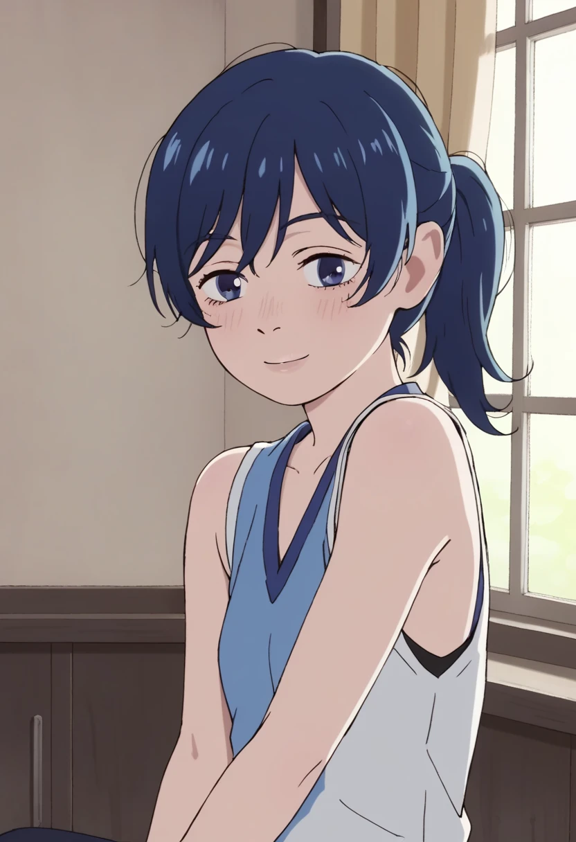 score_9_up score_8_up score_7_up, source_anime, 1girl Suisei Hoshimachi:0.9), blue hair, light smile, blue eyes, one right ponytail