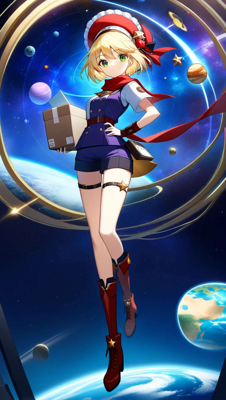 absurd res, high res, high quality, tall female, girl, blonde girl, short hair, bonnet, star accessories, high boots, thigh strap, postman, delivery girl, adventure, many pockets, green eyes, purple and reds and yellows, galaxy themed, time traveller, traveller, planets, portal, red scarf