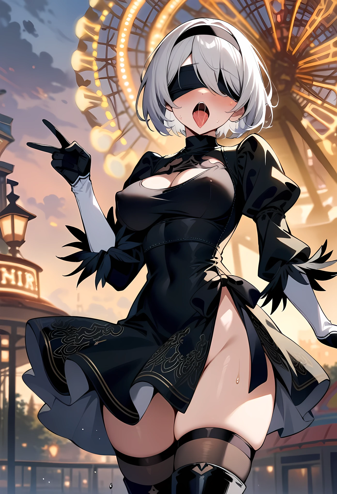masterpiece, best quality, very aesthetic, absurdres, newest,1girl, (covered_nipples), ahegao, tongue_out, rolling_eyes, saliva,double V gesture,tears in eyes,,2b_(nier:automata), nier:automata, nier_(series), 1girl, short_hair, white_hair, covered_eyes, black_blindfold, black_dress, black_hairband,dress, feather-trimmed_sleeves, feather_trim, gloves, hairband, juliet_sleeves, long_sleeves, puffy_sleeves, thighhighs, thighhighs_under_boots,,in an amusement_park