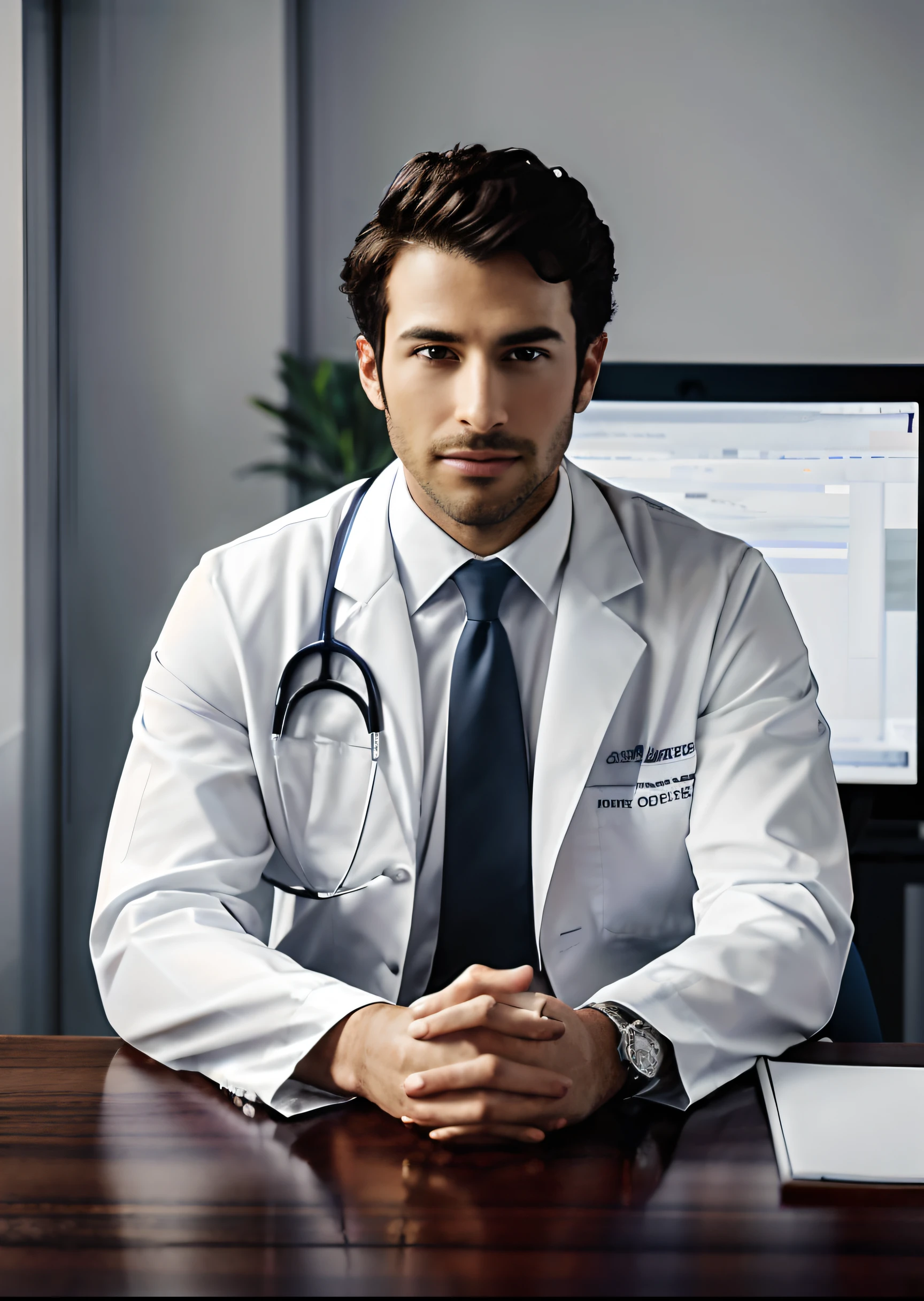 sharp man in a white suit and tie sitting at a table, photo of a man, sitting on desk, Wearing a doctor's outfit, corporate photo, handsome man, professional portrait hd, wearing white doctor suit, seated at a desk, a photo of a man, cute and attractive, professional profile photo, attractive man, sitting behind the table