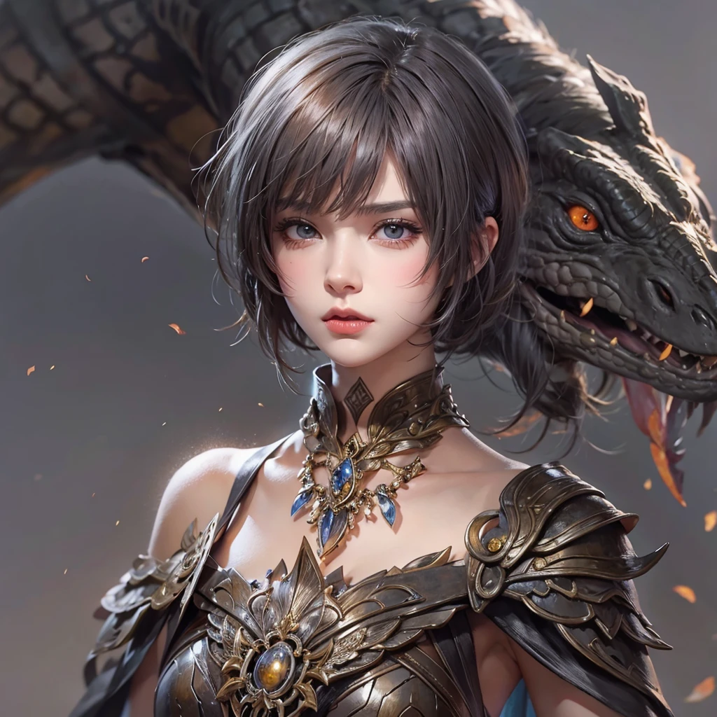 Woman in ancient battle attire、Serious expression、Short-haired、Deadly position, Gorgeous Necklace, scale skin:1.5, Enchanting anime girl, Beautiful and seductive woman, Realistic and perfect body, , Perfect body with realistic shadows, Reptile Eyes:1.5
